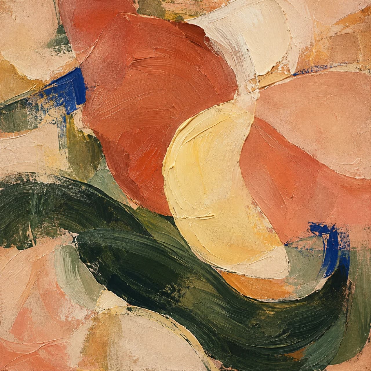 Peinture abstraite aux touches terre cuite, ocre, vert et cobalt